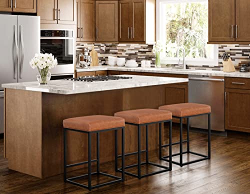 Set of 3 Modern Backless Bar Stools, Brown