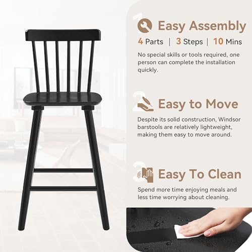 Windsor Wooden Bar Stools Set of 3 - Black