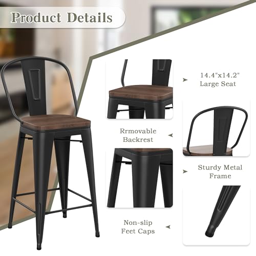 Set of 4 High Back Matte Black Bar Stools
