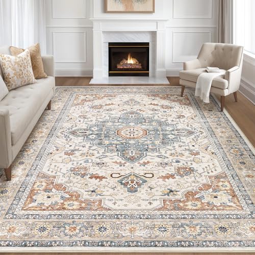 Large Machine Washable Boho Area Rug - Beige Blue