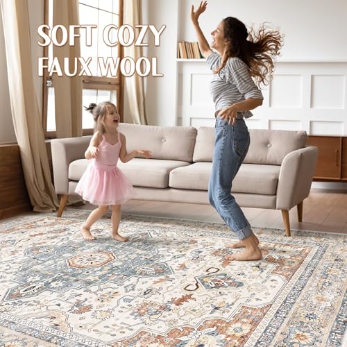 Large Machine Washable Boho Area Rug - Beige Blue