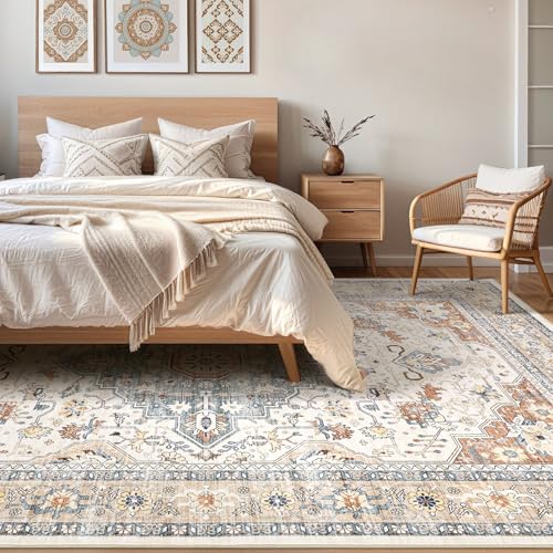 Large Machine Washable Boho Area Rug - Beige Blue