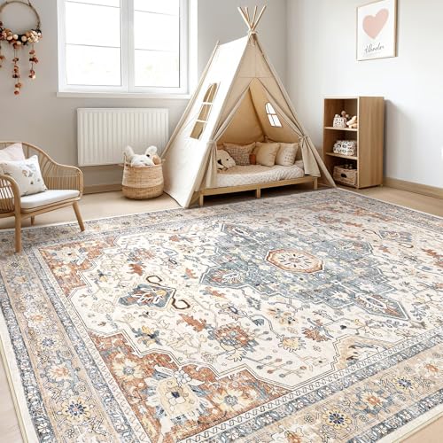 Large Machine Washable Boho Area Rug - Beige Blue