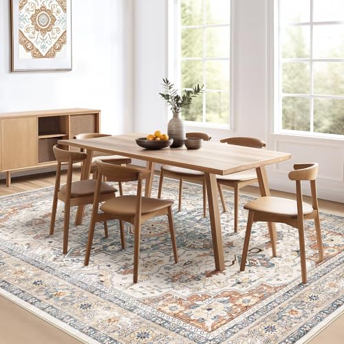 Large Machine Washable Boho Area Rug - Beige Blue