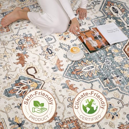 Large Machine Washable Boho Area Rug - Beige Blue