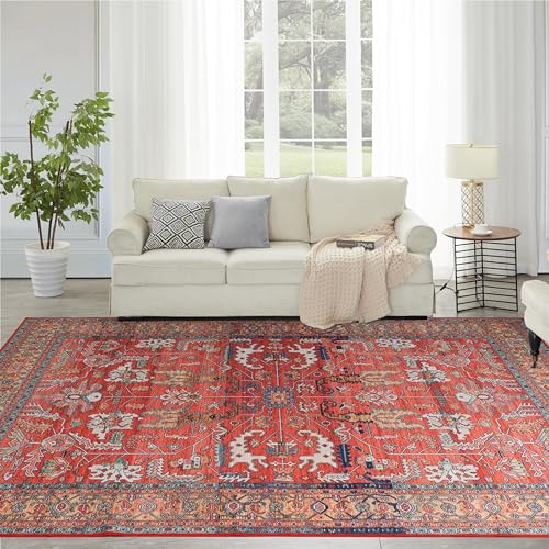 Vintage Washable Red Area Rug with Non-Slip Backing