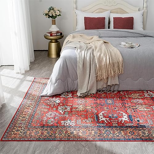 Vintage Washable Red Area Rug with Non-Slip Backing