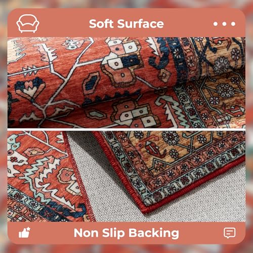 Vintage Washable Red Area Rug with Non-Slip Backing