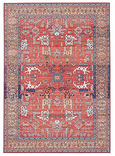 Vintage Washable Red Area Rug with Non-Slip Backing
