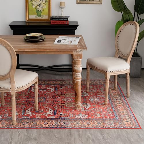 Vintage Washable Red Area Rug with Non-Slip Backing