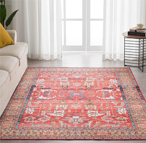 Vintage Washable Red Area Rug with Non-Slip Backing