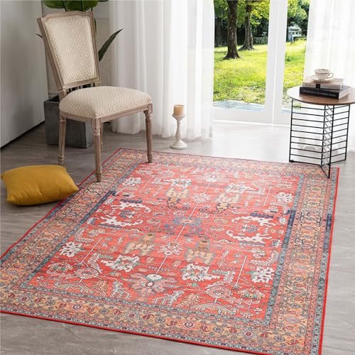 Vintage Washable Red Area Rug with Non-Slip Backing