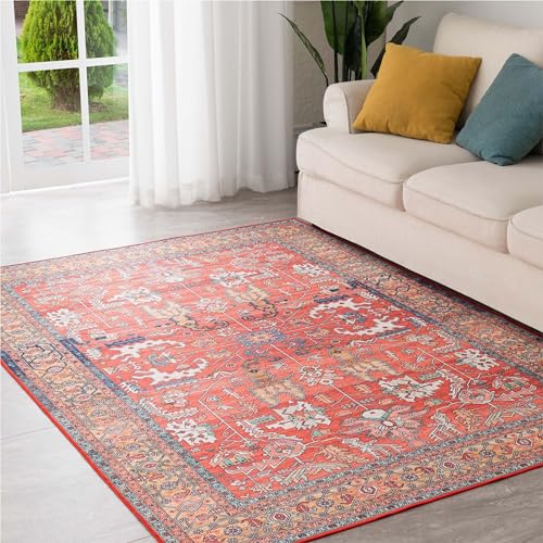 Vintage Washable Red Area Rug with Non-Slip Backing