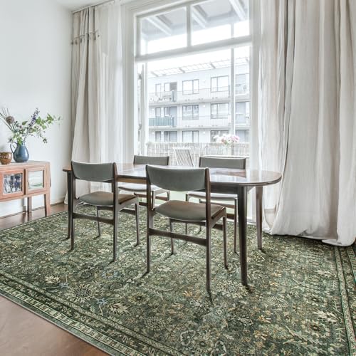Boho Vintage Washable 8x10 Area Rug - Dark Green