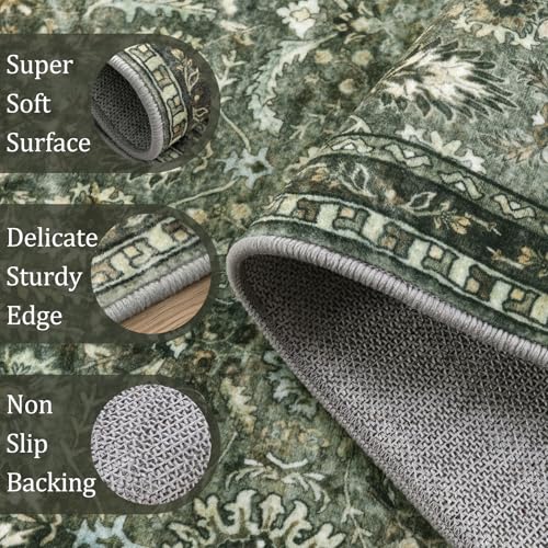 Boho Vintage Washable 8x10 Area Rug - Dark Green