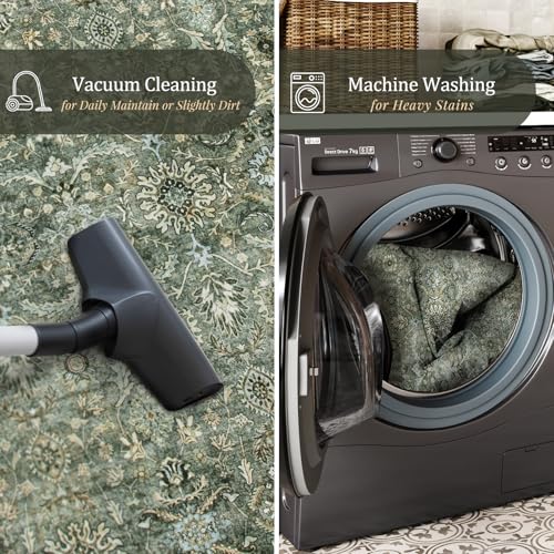 Boho Vintage Washable 8x10 Area Rug - Dark Green