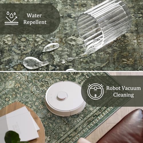 Boho Vintage Washable 8x10 Area Rug - Dark Green