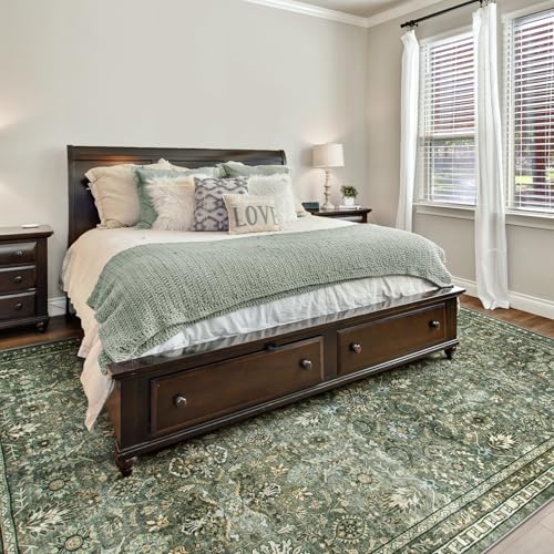 Boho Vintage Washable 8x10 Area Rug - Dark Green