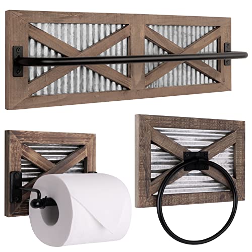 Rustic Wooden Farmhouse Toilet Paper and Towel Holder Set