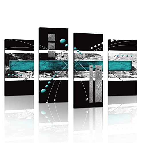 Large Black Teal Canvas Wall Art - 4 Panels