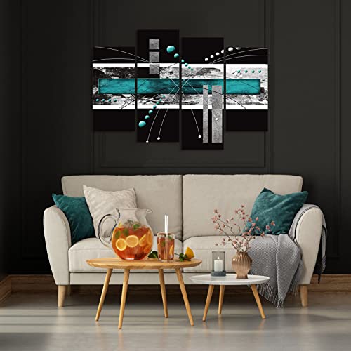 Large Black Teal Canvas Wall Art - 4 Panels