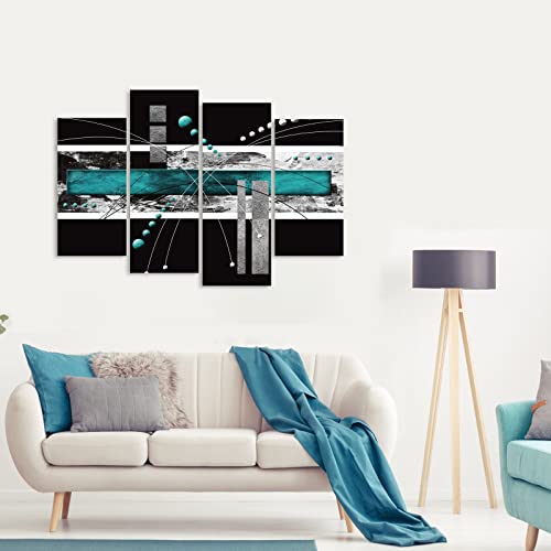 Large Black Teal Canvas Wall Art - 4 Panels