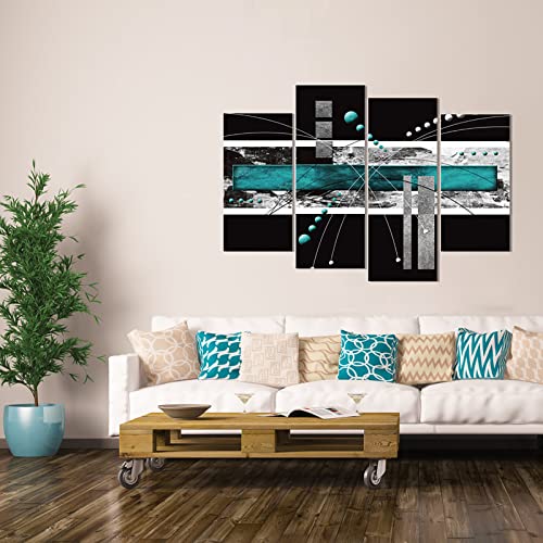 Large Black Teal Canvas Wall Art - 4 Panels