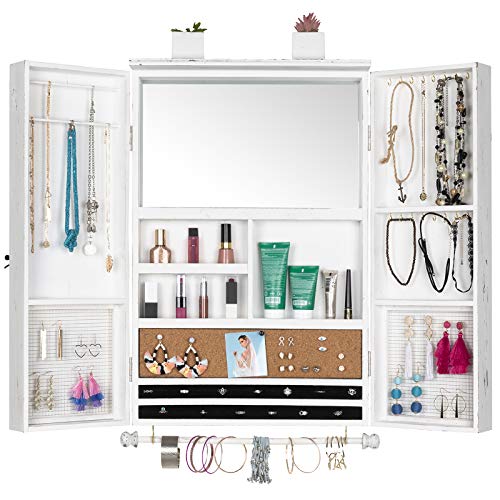 Rustic Wall-Mounted Jewelry Organizer with Mirror