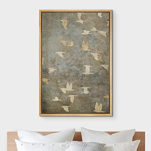 Framed Grunge Gold Bird Canvas Wall Art