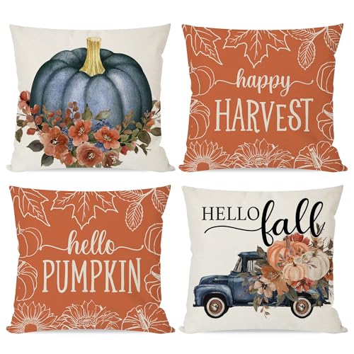 Pumpkin Fall Themed Pillow Covers, Set of 4