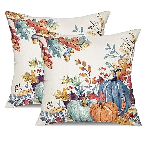 Blue and Green Fall Pumpkin Pillow Covers - Set of 2