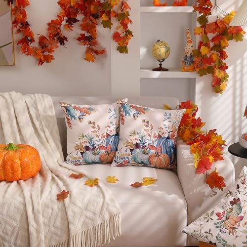 Blue and Green Fall Pumpkin Pillow Covers - Set of 2