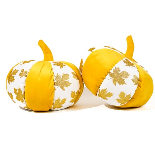 Pumpkin Shaped Throw Pillows with Glittery Maple Leaves