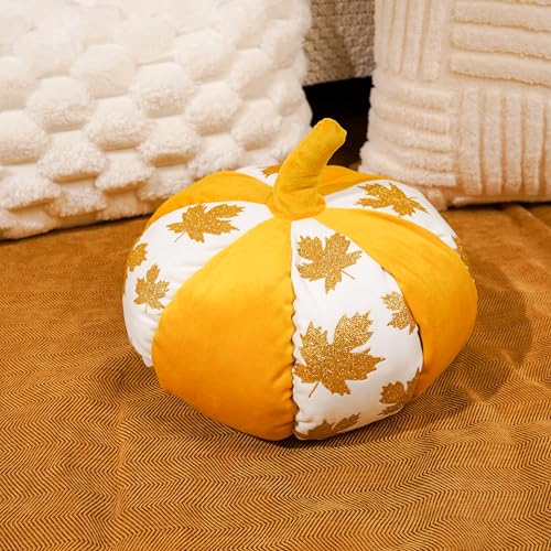 Pumpkin Shaped Throw Pillows with Glittery Maple Leaves