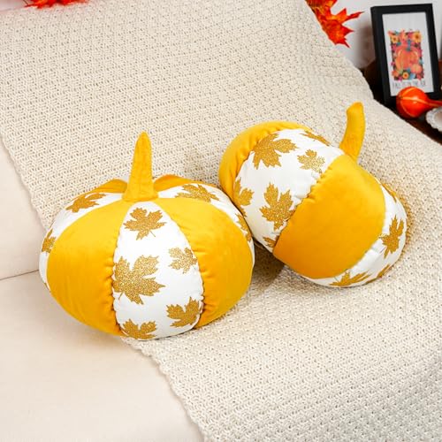 Pumpkin Shaped Throw Pillows with Glittery Maple Leaves