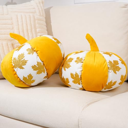 Pumpkin Shaped Throw Pillows with Glittery Maple Leaves
