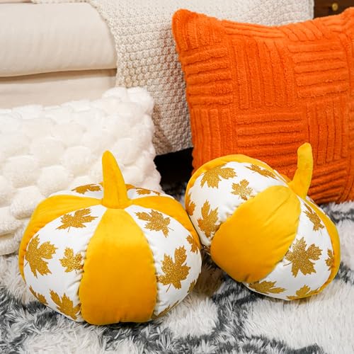 Pumpkin Shaped Throw Pillows with Glittery Maple Leaves