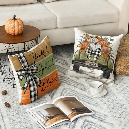 Autumn Pumpkin Truck Sunflower Throw Pillow Covers