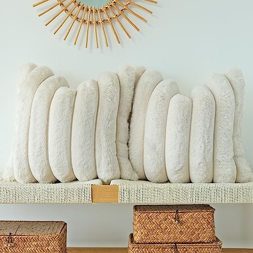 Set of 2 Beige Plush Decorative Pillow Covers