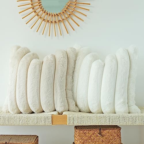 Set of 2 Beige Plush Decorative Pillow Covers