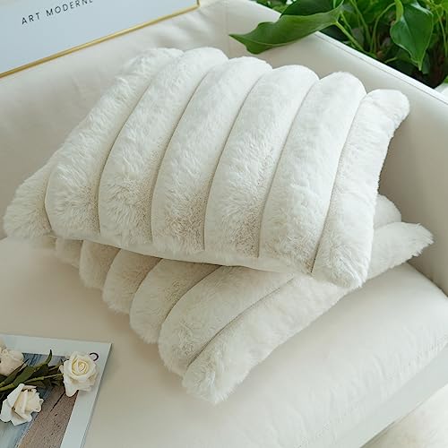 Set of 2 Beige Plush Decorative Pillow Covers