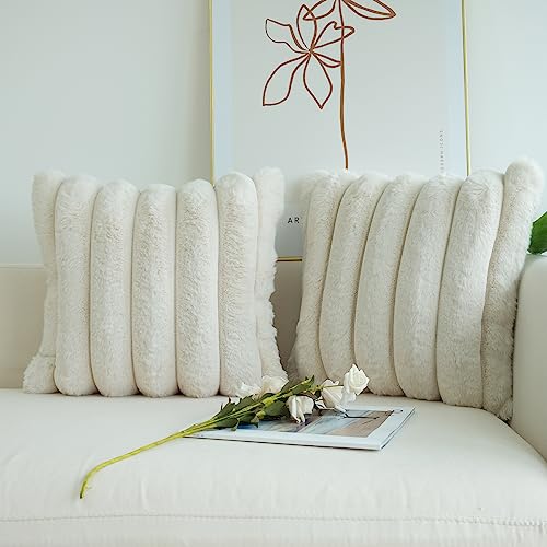 Set of 2 Beige Plush Decorative Pillow Covers