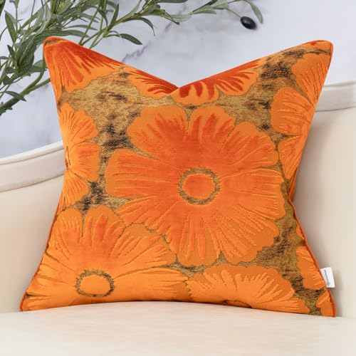 Burnt Orange Floral Velvet Throw Pillow Cover