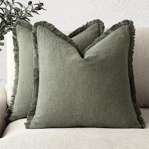 Set of 2 Olive Green Boho Fringe Pillow Covers