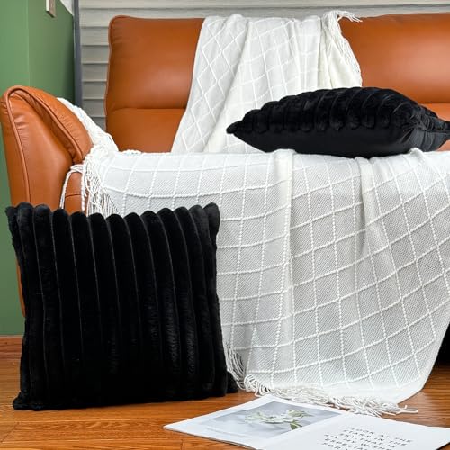 Set of 2 Black Faux Fur Throw Pillow Covers