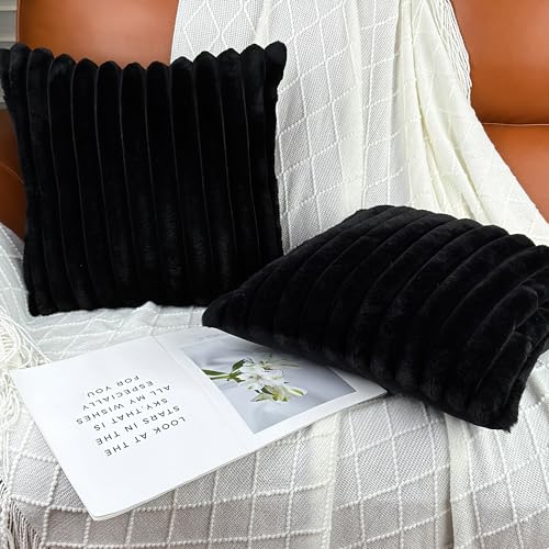 Set of 2 Black Faux Fur Throw Pillow Covers