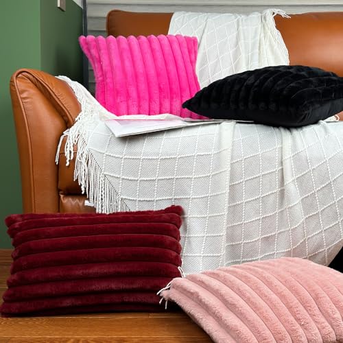 Set of 2 Black Faux Fur Throw Pillow Covers