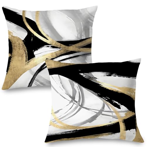 Abstract Black, White, and Gold Pillow Covers - 45.7 cm
