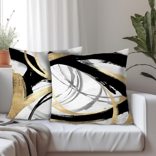 Abstract Black, White, and Gold Pillow Covers - 45.7 cm