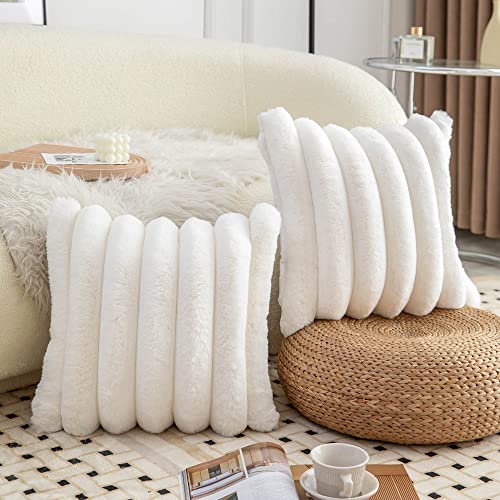 Cream White Faux Fur Striped Throw Pillow Covers